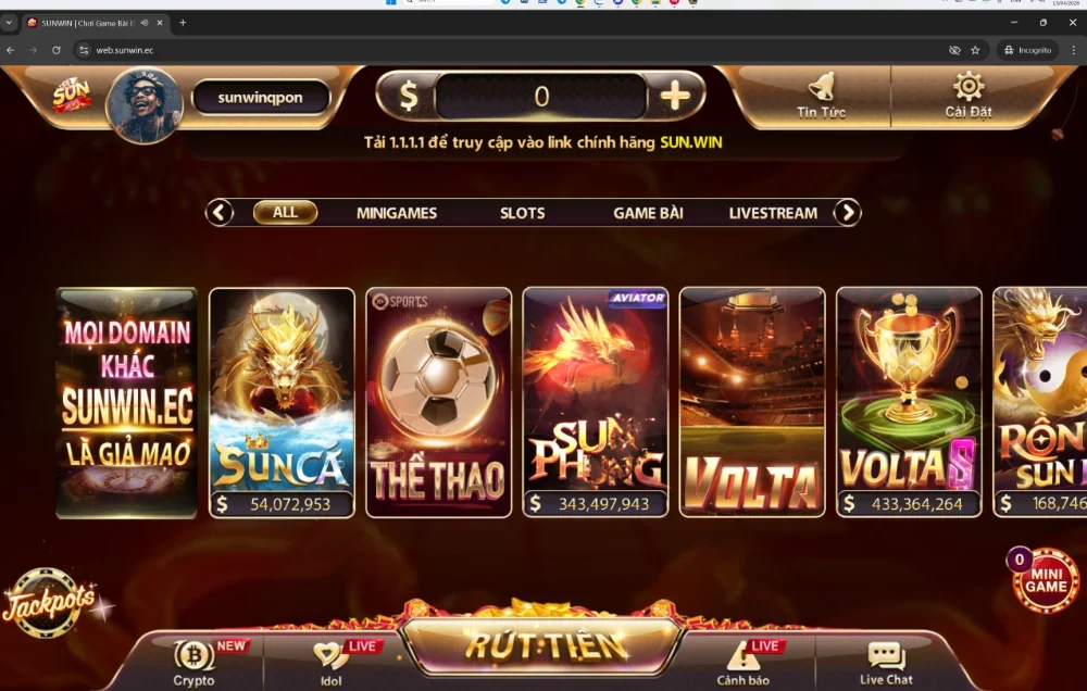 Giao diện chính thức của cổng game bài đổi thường Sun.win